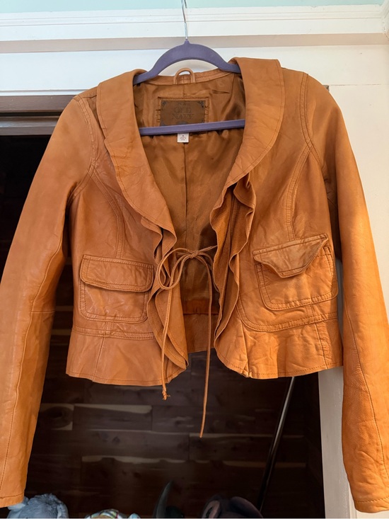 Old Navy Jackets & Blazers - Women’s Ruffle-Front Brown Leather Jacket